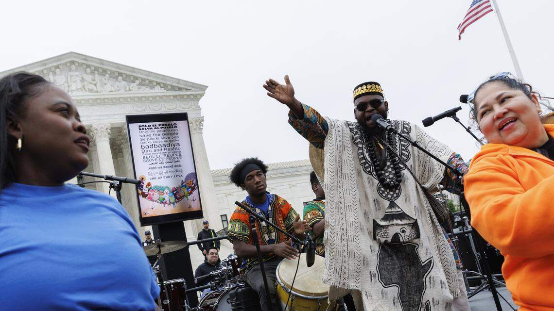 Demonstrators perform a dance during a protest outside the U.S. Supreme Court on April 29, 2026 in Washington, DC. The court heard arguments challenging the Trump administration’s termination of Temporary Protected Status.
