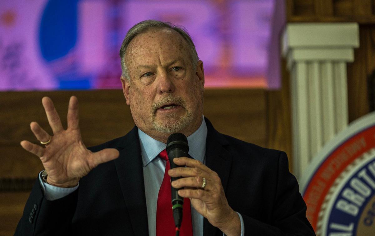 Jeffrey Giordano, a candidate for Miami-Dade County sheriff in 2024, speaks during a forum for Miami-Dade sheriff held at the IBEW Local 349 Union Hall, in Miami, on Wednesday, May 29, 2024.