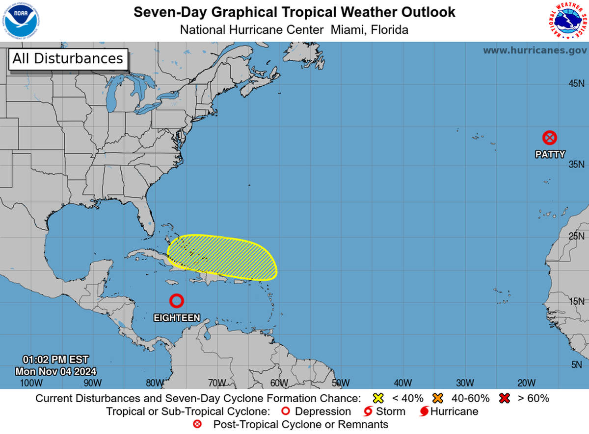 The hurricane center gives the tropical disturbance north of Cuba a 20% chance at strengthening into a tropical depression in the next seven days.