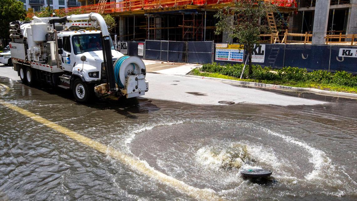 Sewage overflows through a manhole due to heavy rainfall in the Little Havana neighborhood of Miami, Florida, on Saturday, June 4, 2022. Heavy rainfall caused by a tropical disturbance overwhelmed Miami-Dade’s sewage treatment system, which exceeded capacity and causes wastewater to overflow in several locations in the center of the county.
