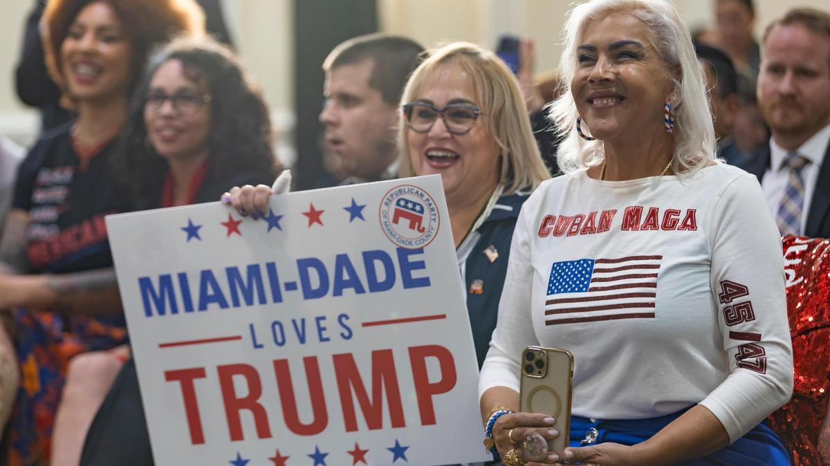 Supporters listen to Republican presidential candidate and former President Donald Trump speak during a roundtable discussion with local Latino leaders at Trump National Doral Miami on Tuesday, Oct. 22, 2024, in Doral, Fla.