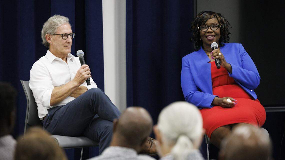 Jacqueline Charles, Haiti/Caribbean Correspondent for the Miami Herald, right, speaks to the community during an interview with Jay Weaver, Miami Herald editor, about Haiti’s past and future during An Evening with Jacqueline Charles on Thursday, May 30, 2024, at African Heritage Cultural Arts in Miami.