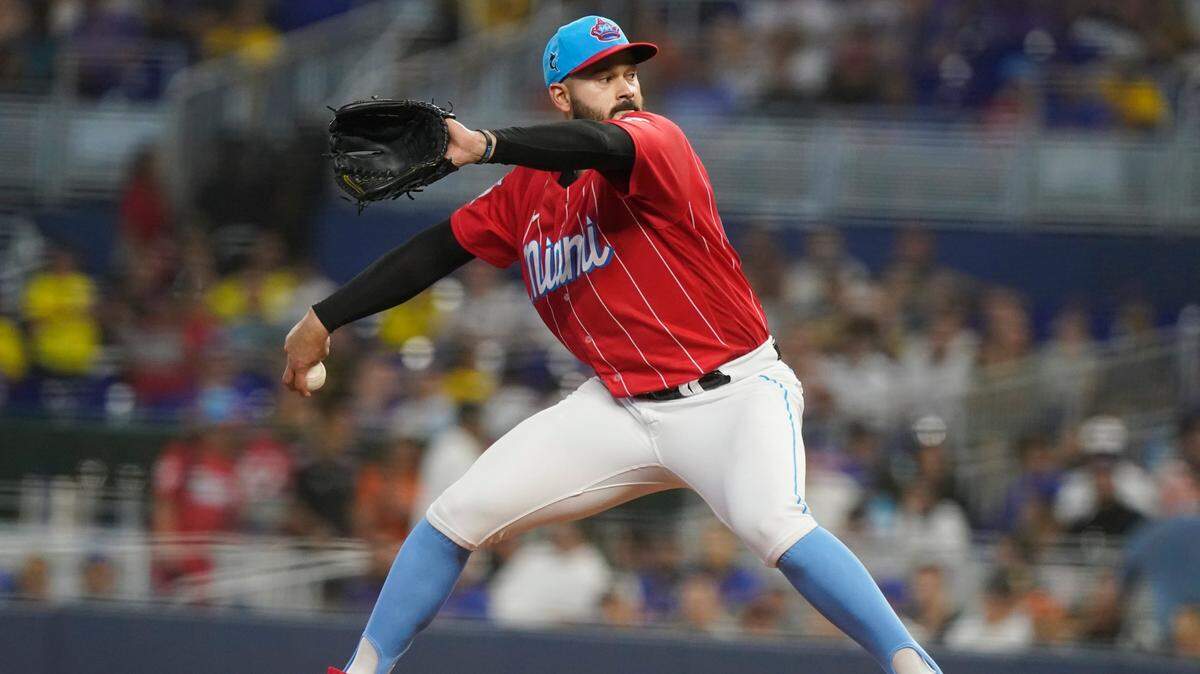 Miami Marlins starting pitcher Pablo Lopez aims a pitch during the first inning of a baseball game against the New York Mets, Saturday, Sept. 10, 2022, in Miami. (AP Photo/Marta Lavandier)