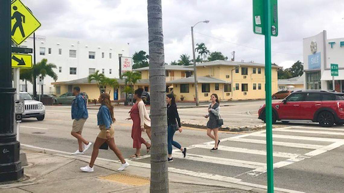 Pedestrians cross Biscayne Boulevard at NE 72nd Street. The Miami metro area ranks No. 13 on the list of the most dangerous U.S. cities for pedestrians. Orlando, the least safe, is No. 1.