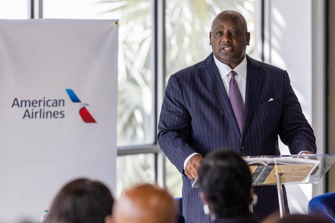 Florida Memorial University interim president William C. McCormick Jr. addresses guests during an event announcing the scholarship partnership with American Airlines and the unveiling of a new aviation museum at FMU’s William Lehman Aviation Center.