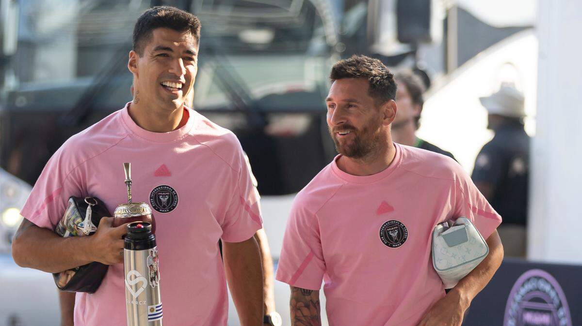 Inter Miami forward Luis Suárez (9) and forward Lionel Messi (10) are available, and expected to play against St. Louis City Saturday at Chase Stadium before Messi, and possibly Suarez, leave for Copa America.