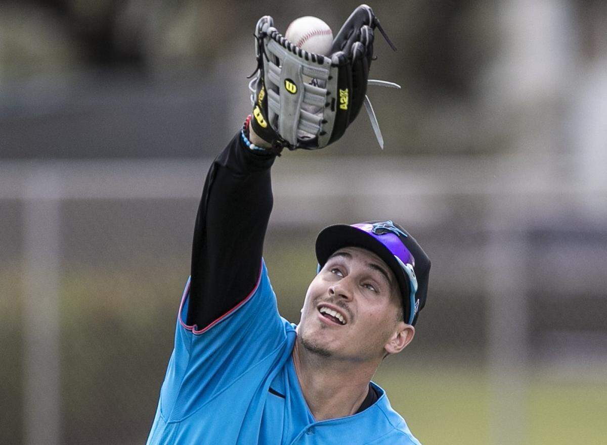 Miami Marlins JJ Bleday (67) catches a ball during drills at spring training at the Roger Dean Chevrolet Stadium in Jupiter on Wednesday, February 19, 2020.