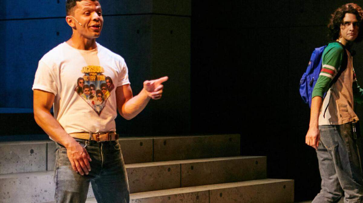 Xavier Edward King and Joshua Hernandez in a scene from Miami New Drama’s world premiere of Aurin Squire’s “Defacing Michael Jackson” at the Colony Theatre, Miami Beach, through April 2. (Photo courtesy of Stian Roenning)