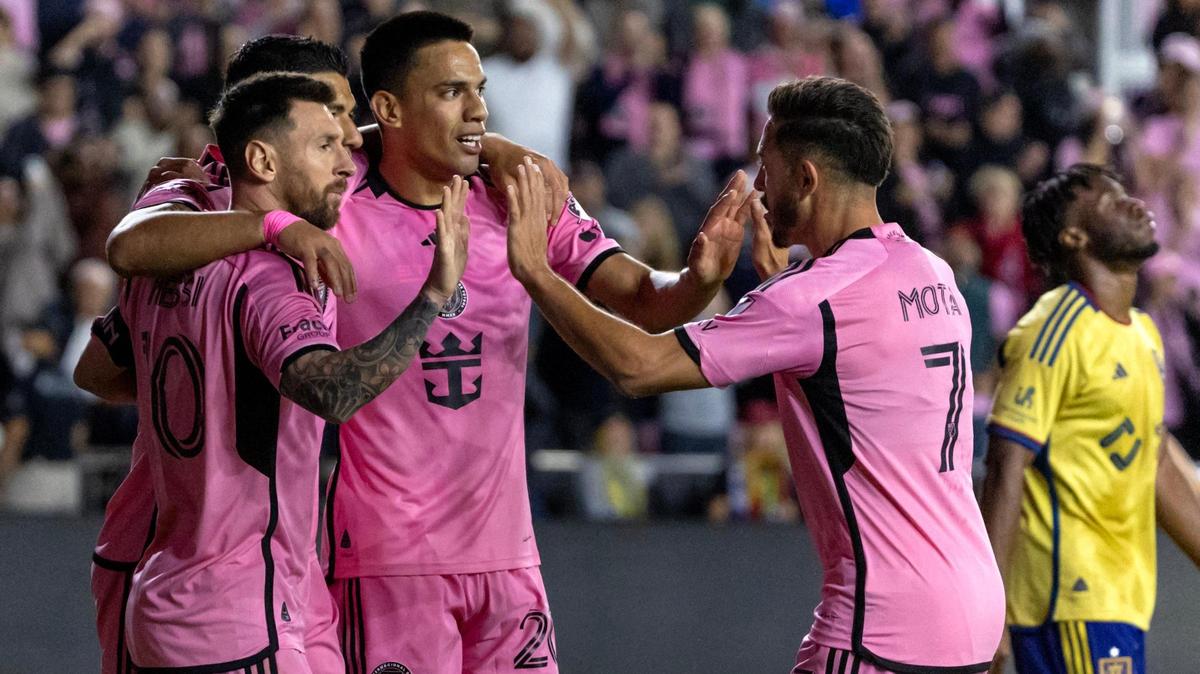 Inter Miami midfielder Diego Gómez (20) celebrates with teammates Lionel Messi (10) Luis Suárez (9) and Jean Mota (7) after scoring goal in the second half of an MLS match against Real Salt Lake at Chase Stadium on Wednesday, Feb. 21, 2024, in Fort Lauderdale, Fla.