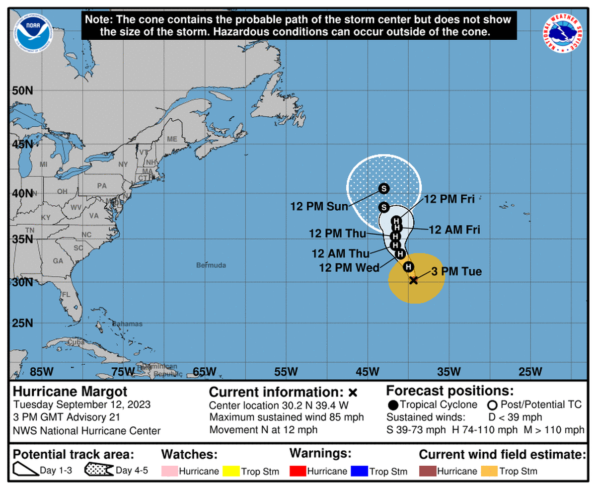 Hurricane Margot is expected to stay out to sea and away from land for the next full week.