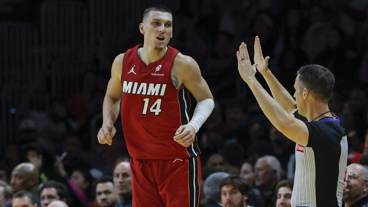 Miami Heat guard Tyler Herro (14) reacts after sinking a three pointer in the first half against the Milwaukee Bucks during their NBA basketball game at Kaseya Center in Miami on November 26, 2025.