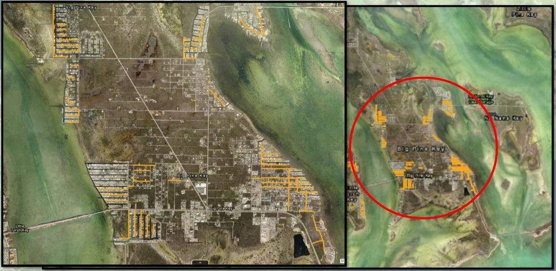 This map shows streets in Big Pine Key that could be part of the first group of roads Monroe County elevates to withstand the king tides of 2045.