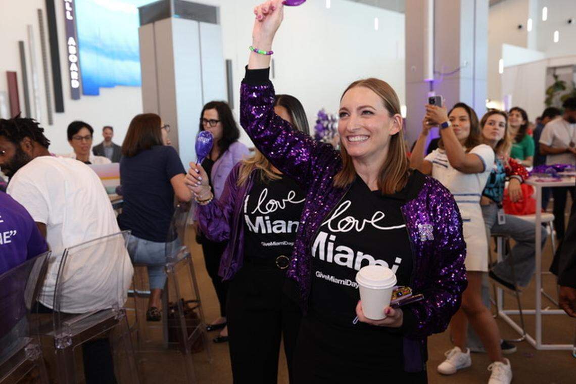 Miami Foundation President and CEO Rebecca Fishman Lipsey celebrates during Give Miami Day 2024 at the Royal Caribbean terminal at PortMiami.