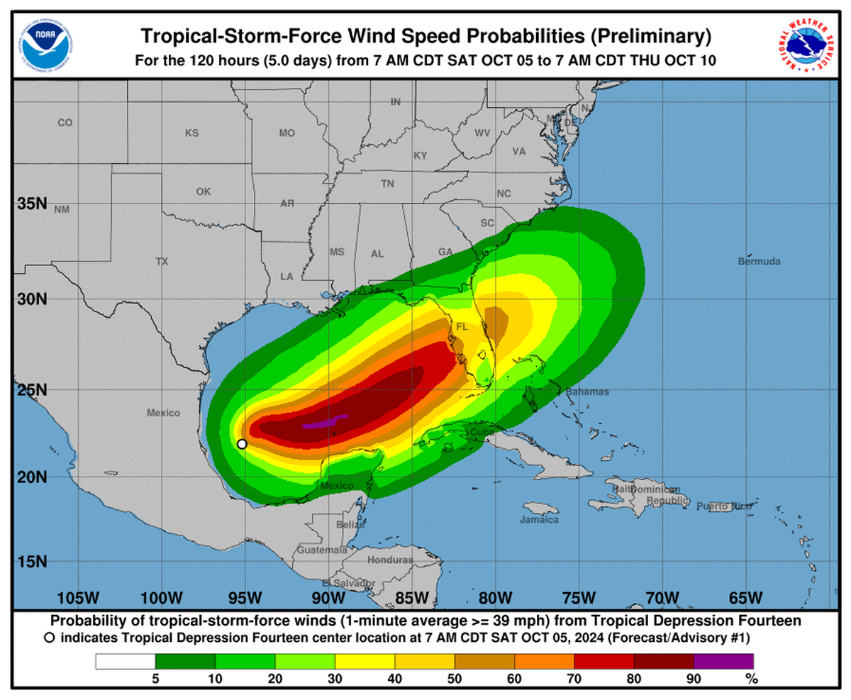 La gráfica del Centro Nacional de Huracanes (NHC) muestra las posibles áreas de viento de la actual depresión que podría convertirse en la tormenta tropical Milton y golpear a Florida como un huracán de Categoría 2 la próxima semana.