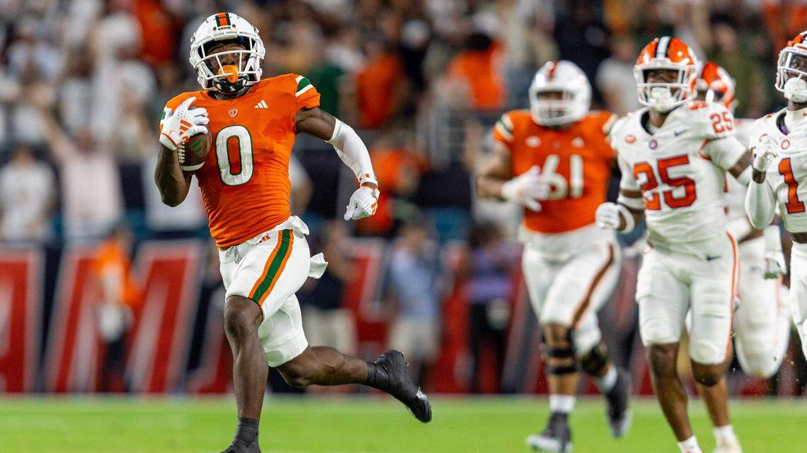 University of Miami wide receiver Brashard Smith (0) runs the ball during the first half of an ACC college football game against Clemson University at Hard Rock Stadium in Miami Gardens, Florida, on Saturday, October 21, 2023.