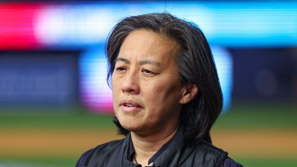 Kim Ng, Marlins General Manager, talks to the press after welcoming Jean Segura, new Miami Marlins infielder, to the team on Wednesday, Jan. 11, 2023, at loanDepot Park.