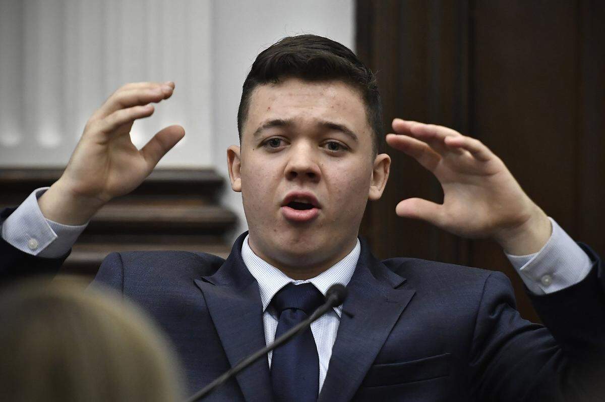 Kyle Rittenhouse testifies during his trial at the Kenosha County Courthouse on Nov. 10, 2021, in Kenosha, Wisconsin.