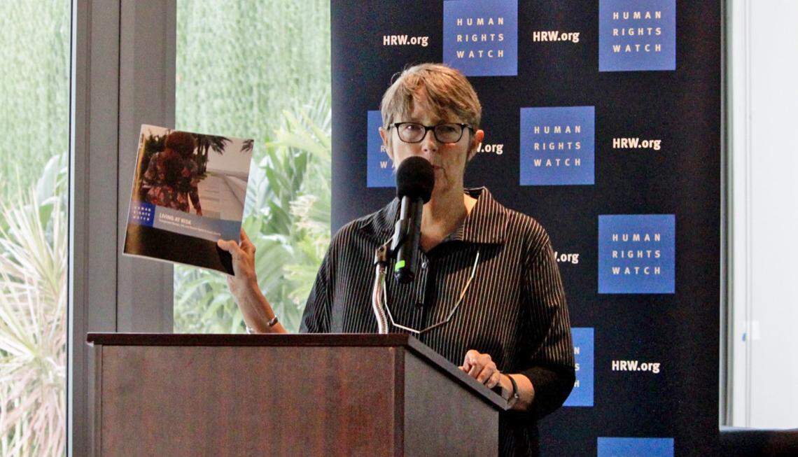Megan McLemore, senior researcher at Human Rights Watch, presents a report on the risks facing transgender women who have HIV in South Florida at an event Tuesday morning in South Beach.