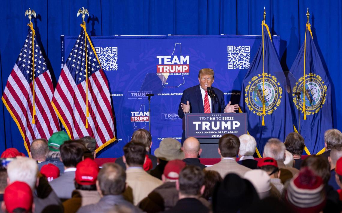 Former President Donald Trump speaks to supporters during a rally at the Grappone Conference Center on Friday, Jan. 19, 2024, in Concord, New Hampshire.