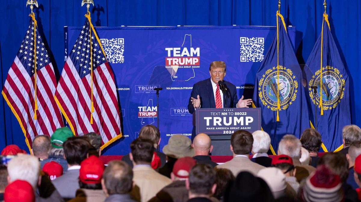 Former President Donald Trump speaks to supporters during a rally at the Grappone Conference Center on Friday, Jan. 19, 2024, in Concord, New Hampshire.