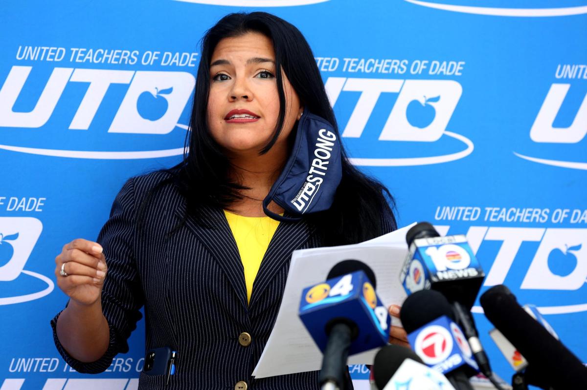 United Teachers of Dade President Karla Hernandez-Mats, who was joined by members of the Broward Teachers Union, speaks during a press conference about the health and safety gaps that need to be addressed before the reopening of schools in both counties. They gathered at the UTD headquarters in Miami Springs on Wednesday, Sept. 16, 2020.