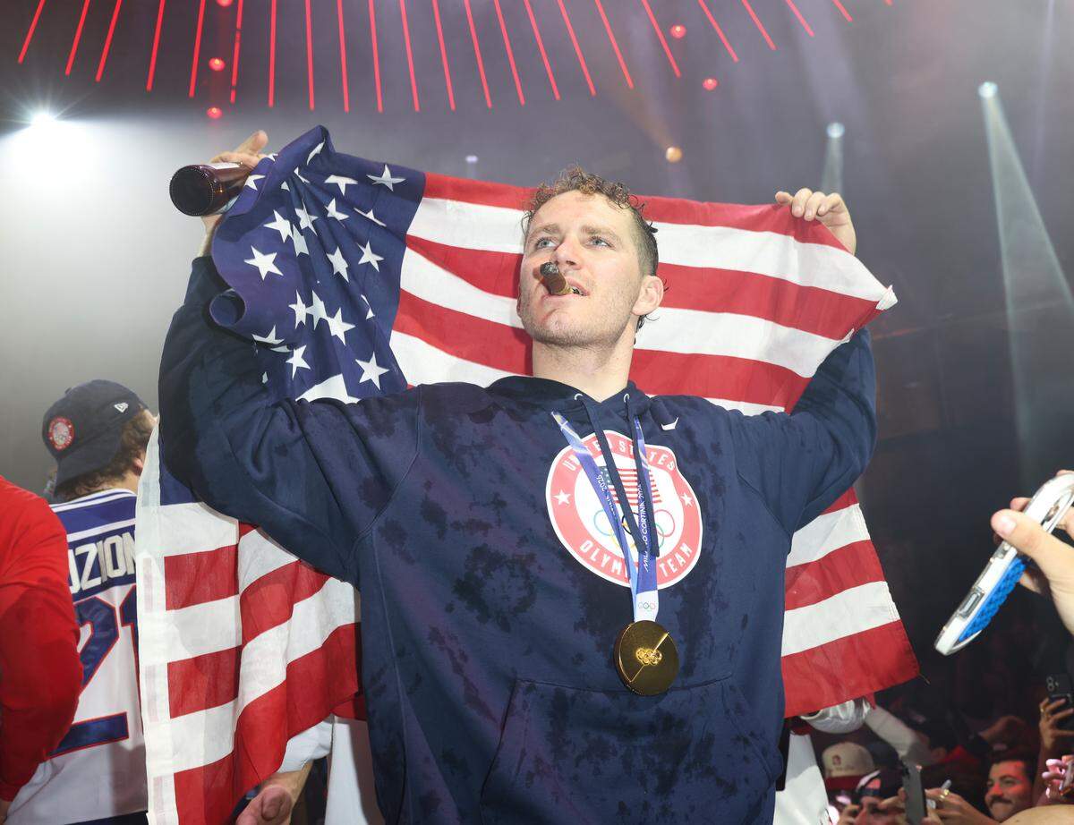 MIAMI, FLORIDA - FEBRUARY 23: Matthew Tkachuk attends a celebration of the USA Men's Hockey Team's Olympic Gold at E11EVEN Miami on February 23, 2026 in Miami, Florida.  (Photo by Alexander Tamargo/Getty Images for E11EVEN Miami)