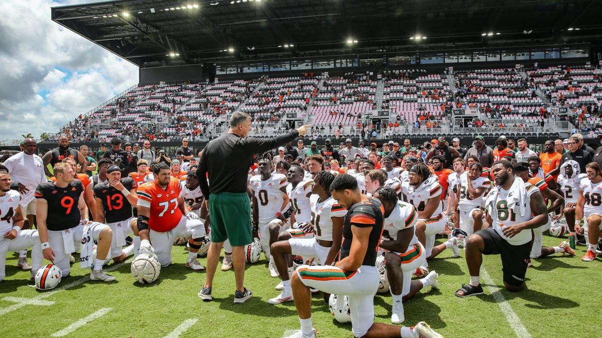 UM coach Mario Cristobal speaks to the team after the Hurricanes spring game in Fort Lauderdale. ‘I haven’t ever been as excited for UM as I am right now,’ said former UM coach Jimmy Johnson about the hiring of Cristobal.