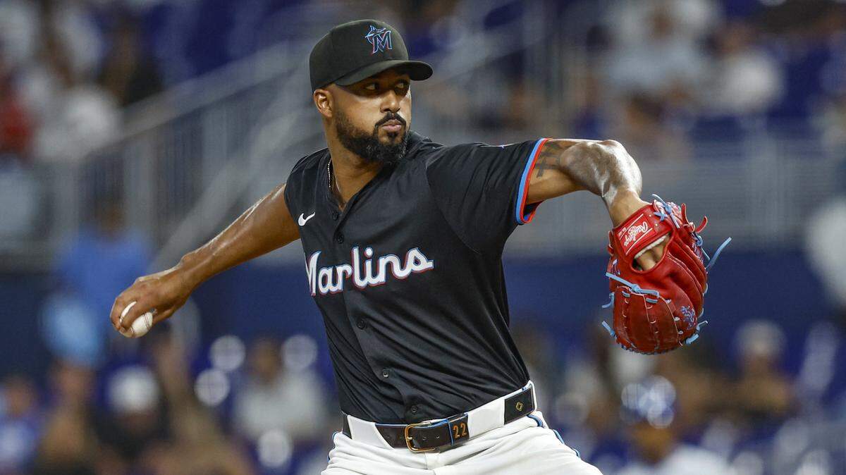 Miami Marlins pitcher Sandy Alcantara (22) pitches against the Kansas City Royals at loanDepot Park in Miami, Florida, on Friday, July 18, 2025. Alcantara had Tommy John surgery in October 2023 and missed the 2024 season.