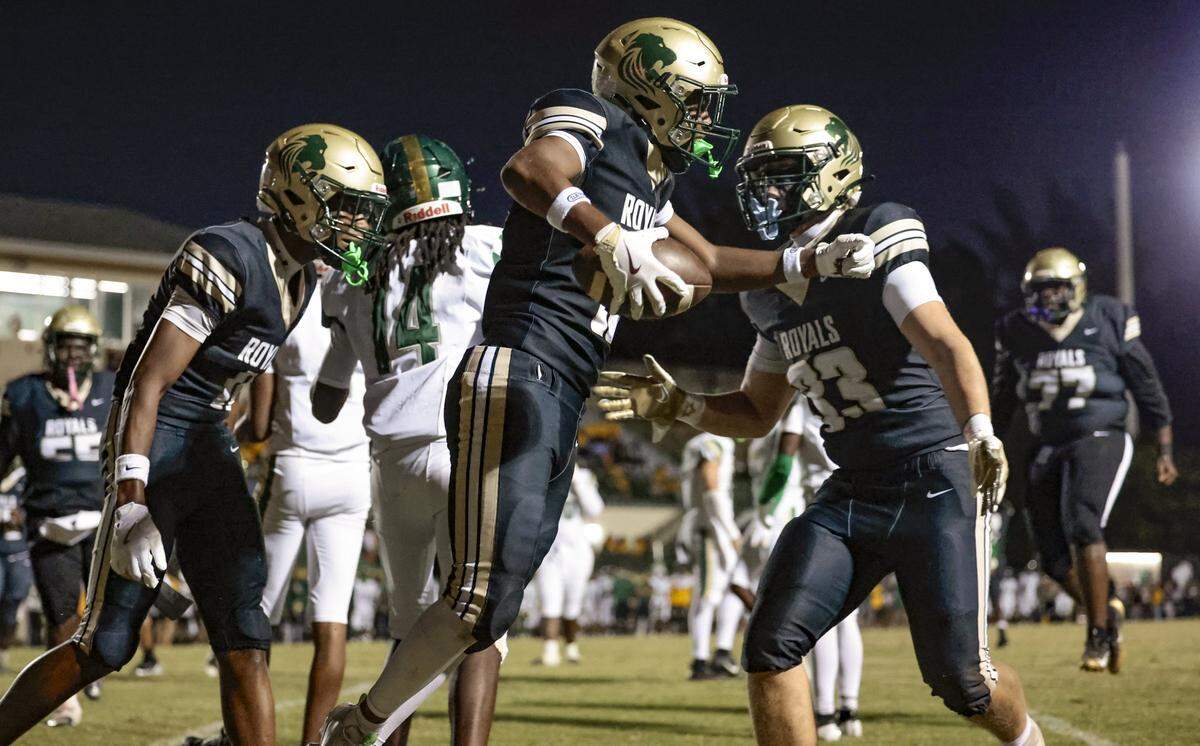 Immaculata-La Salle High School’s wide receiver Kamari Vasquez (13) reacts after scoring against Mater Academy in the first half at Immaculata-La Salle High School in Miami, FL, on Friday, October 24, 2025.