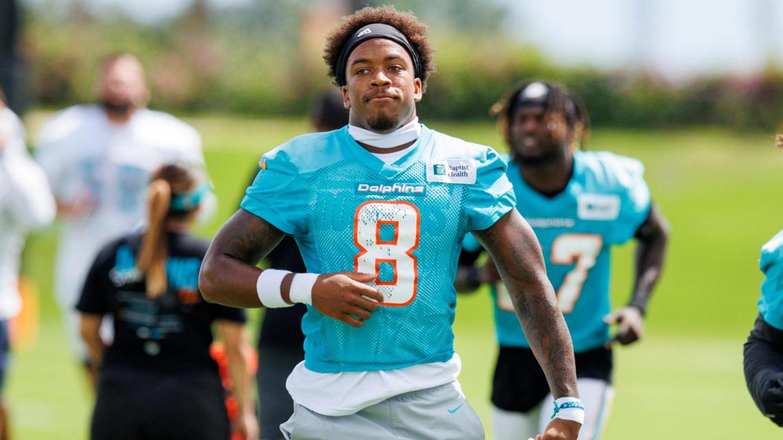 Miami Dolphins safety Jevon Holland (8) runs during NFL football training camp at Baptist Health Training Complex in Hard Rock Stadium on Monday, September 5, 2022 in Miami Gardens, Florida.