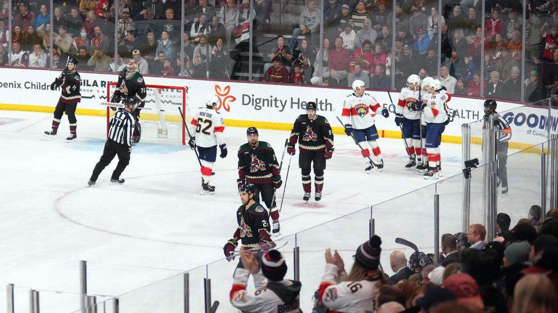 Jan 2, 2024; Tempe, Arizona, USA; Florida Panthers center Sam Reinhart (13) celebrates his goal against the Arizona Coyotes during the third period at Mullett Arena.