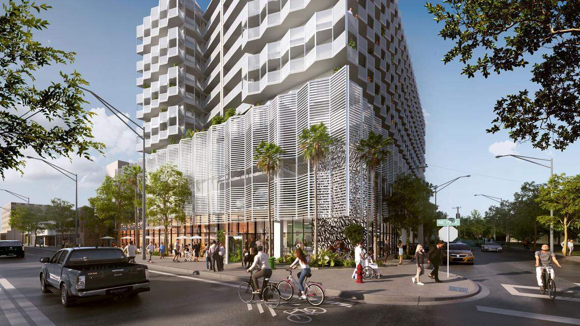 Little River Plaza, a planned 12-story low-income housing tower on Northeast 79th Street in Miami designed by Fort Lauderdale architect Margi Glavovic Nothard, features passive cooling from shady wraparound balconies and aluminum screens and balcony railings, and indoor and outdoor community gathering spaces on each floor. A market will be on the ground floor.