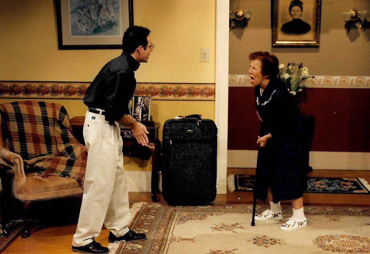 Ellen Davis on stage in Michael McKeever’s “37 Postcards” at New Theatre in 1998.