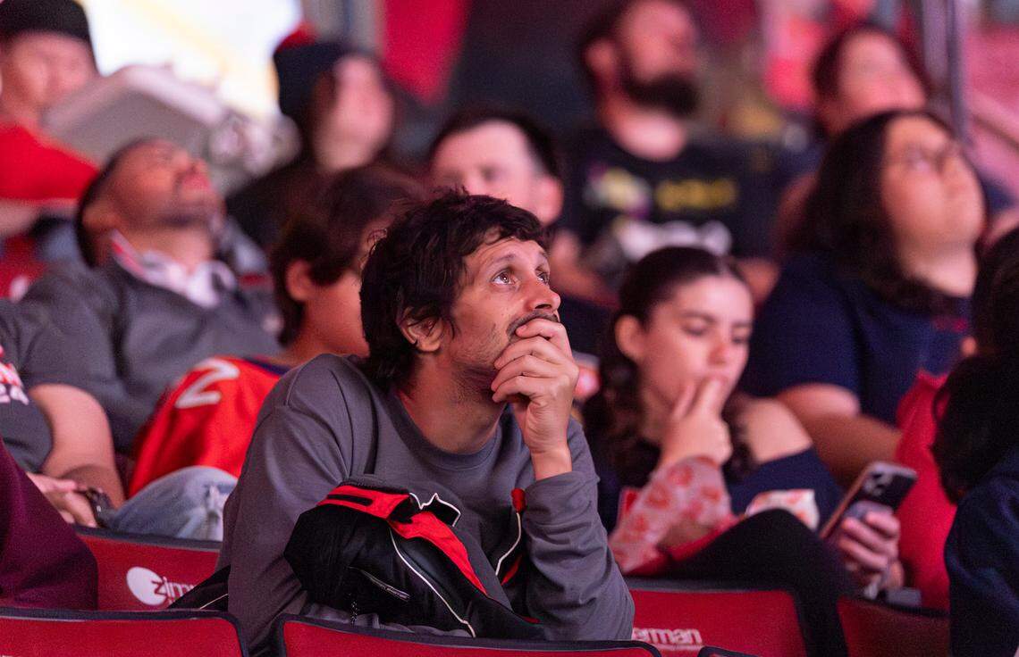 A Florida Panthers fan reacts as he watches his team play against the Edmonton Oilers in Game 1 of the NHL Stanley Cup Final at the Amerant Bank Arena on Wednesday, June 4, 2025, in Sunrise, Fla.