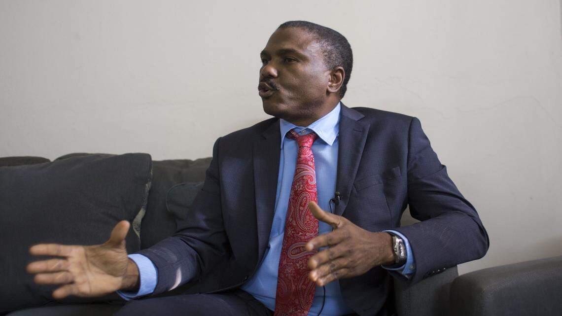 Jude Celestin, the LAPEH party presidential candidate, speaks during an interview at his office in Port-au-Prince, Haiti, Saturday, Jan. 16, 2016. Celestin, a 53-year-old engineer, said he has such deep concerns about vote-rigging and a lack of transparency by Haiti’s Provisional Electoral Council that he is boycotting a Jan. 24 presidential runoff. His party will not send any monitors to polling stations.