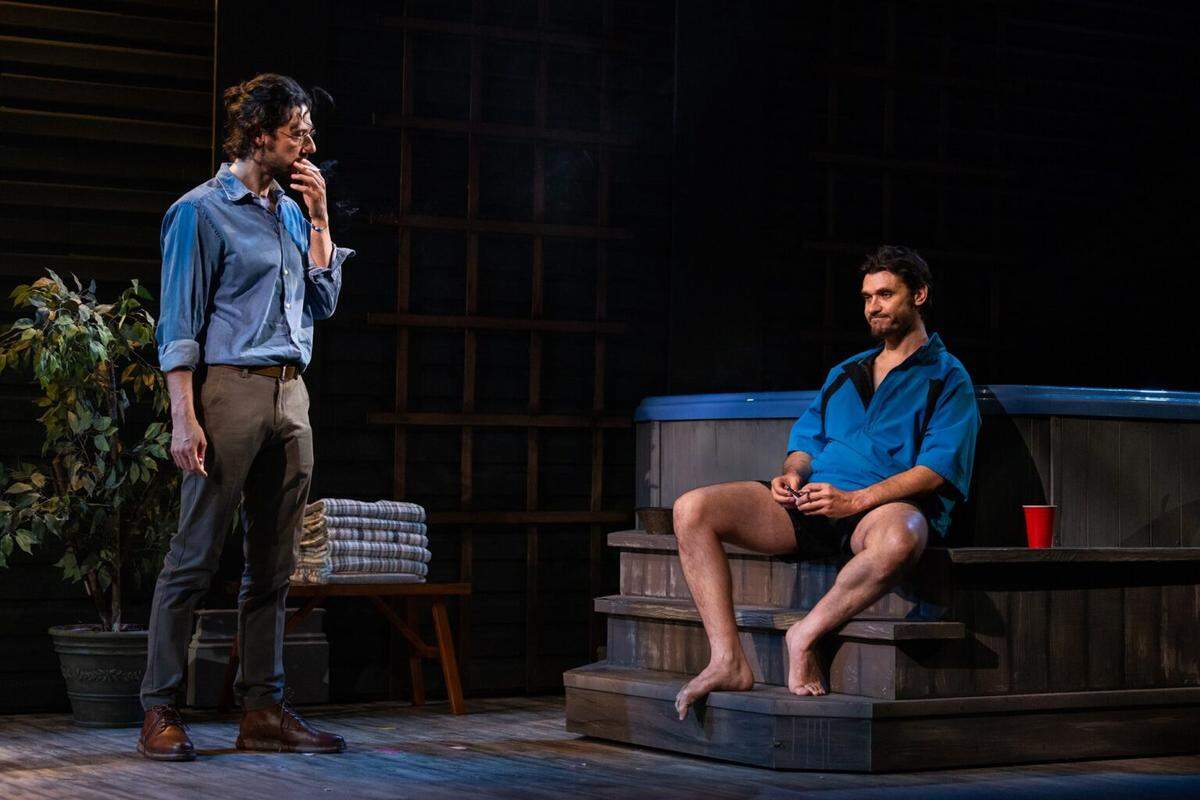 Hale Appleman as Lev shares a cigarette and conversation with Daniel Capote as Emerson in Miami New Drama’s world premiere play “Birthright.”