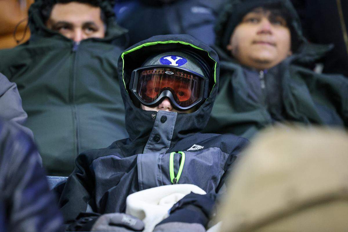 Feb 19, 2025; Kansas City, Kansas, USA; Fans bundle up for the cold temperatures during the match between the Sporting Kansas City and the Inter Miami at Children’s Mercy Park. Mandatory Credit: William Purnell-Imagn Images