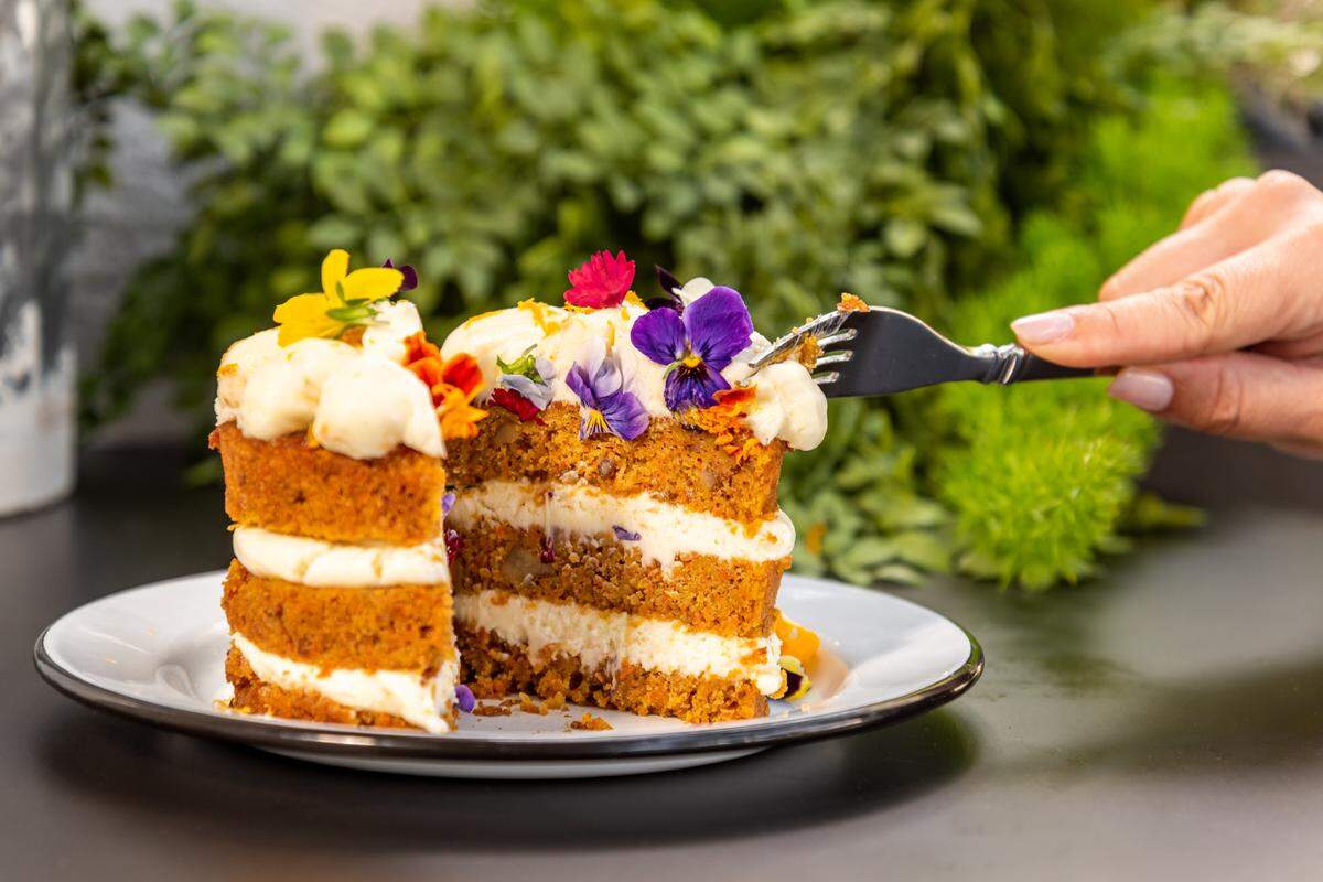 The carrot cake is organic, sweet and spicy.