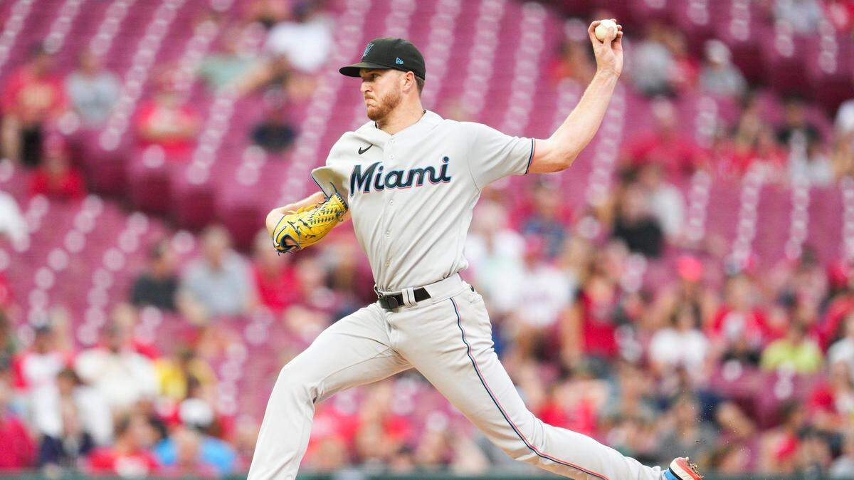Miami Marlins starting pitcher Trevor Rogers throws during the third inning of a baseball game against the Cincinnati Reds, Monday, July 25, 2022, in Cincinnati. (AP Photo/Jeff Dean)