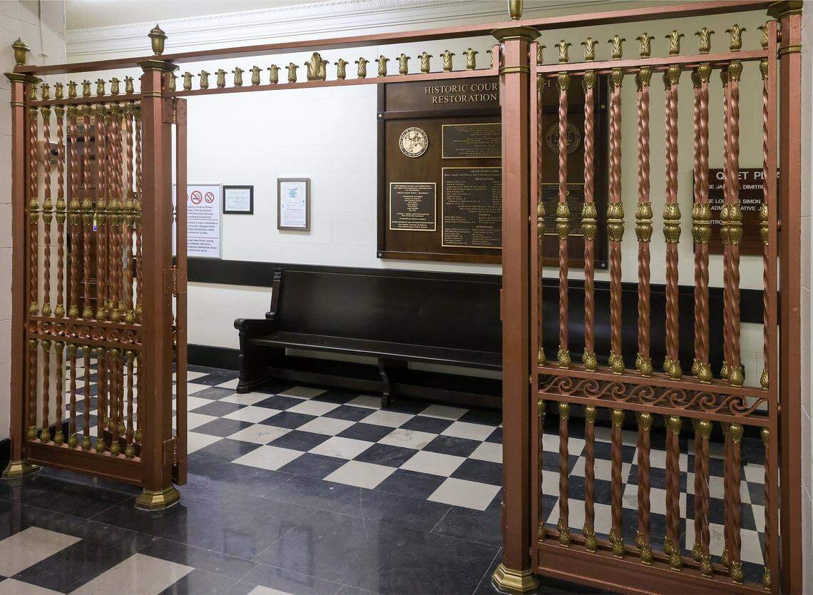 Iron panels separate the seating area from the courtroom hallways, is one of the historic elements repaired as part of restoration of the old courthouse in Miami, Florida, on Wednesday, January 14, 2026. The Dade County Courthouse is significant as an excellent example of Neo-Classical architecture. The detailing of the remaining historic interior spaces and features continue to reflect this distinctive style and contributes to a more complete understanding of the historic character of the Courthouse.