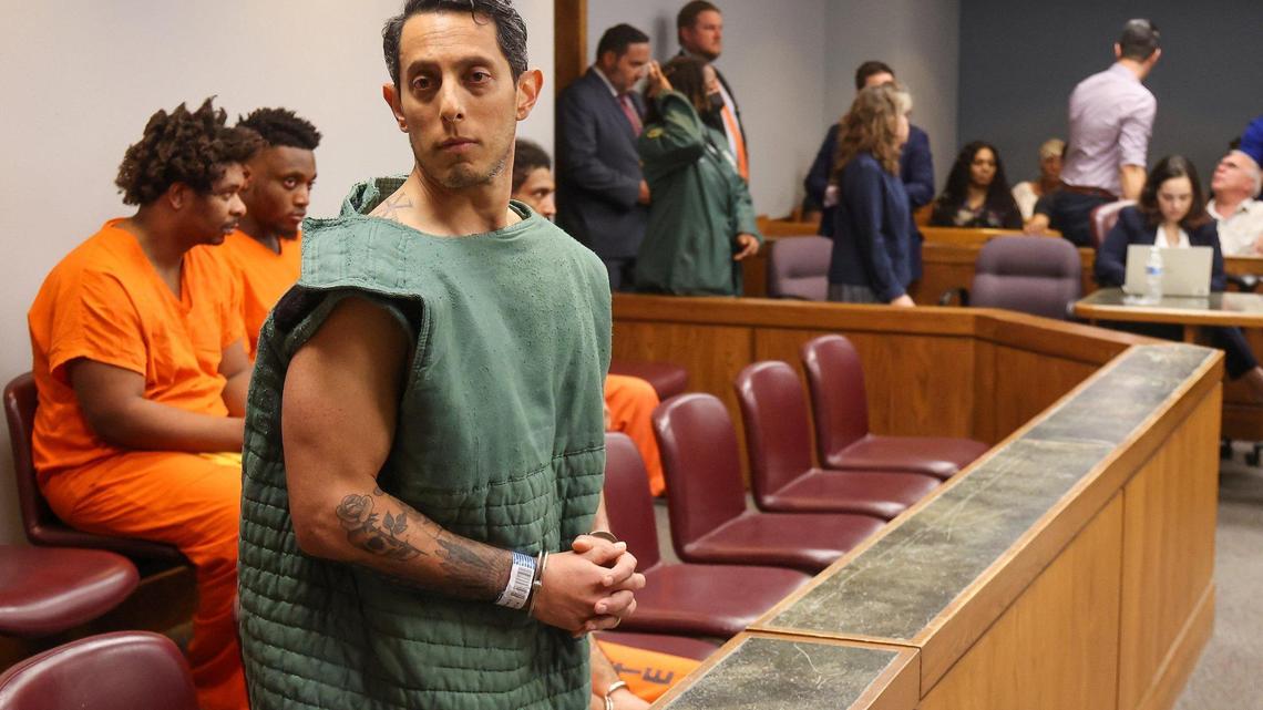 Oscar Olea stands to return to jail after his appearance in Judge Alberto Milian’s courtroom for his pretrial detention hearing on Monday, Feb. 4, 2024, inside Courtroom 7-2 at the Richard E. Gerstein Justice Building in Miami, Florida.
