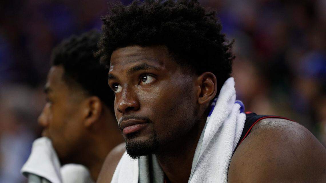 Miami Heat's Justise Winslow looks on during the first half in Game 1 of a first-round NBA basketball playoff series against the Philadelphia 76ers.