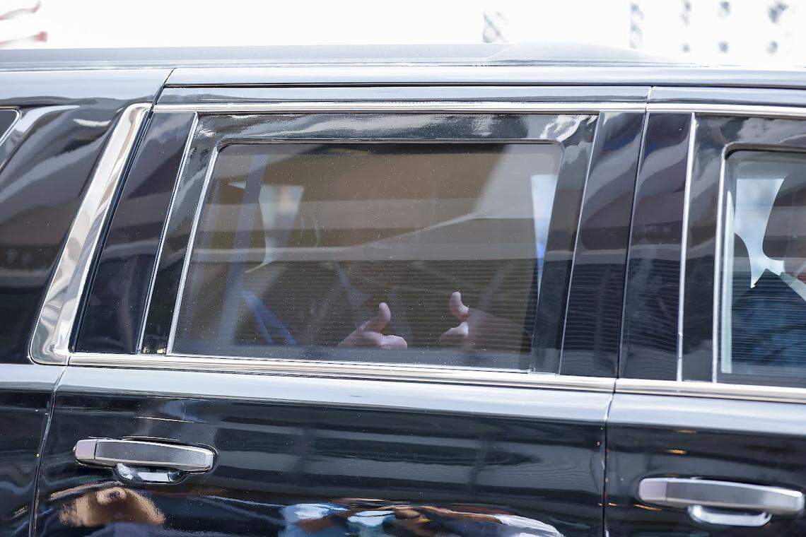 Former President Donald Trump gives thumbs up to supporters after his arraignment at the Wilkie D. Ferguson Jr. U.S. Courthouse, Tuesday, June 13, 2023, in Miami.