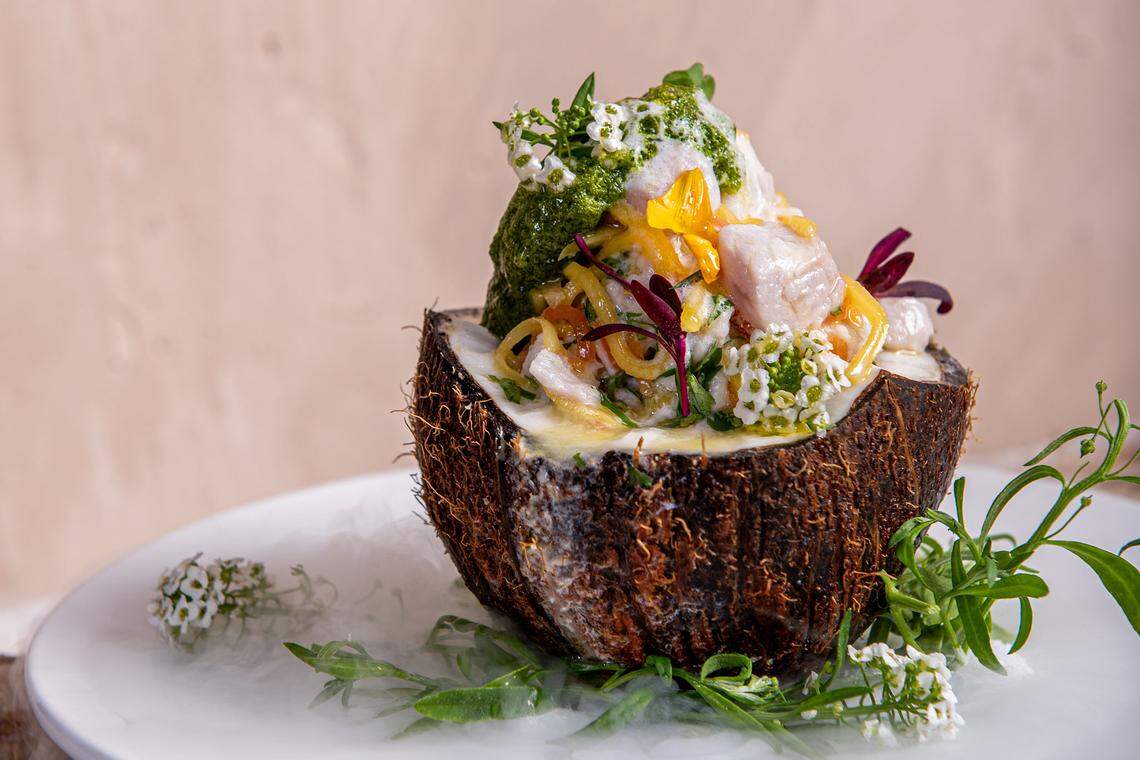 Ceviche de Coco — snapper, mango and papaya — at Mau Miami.