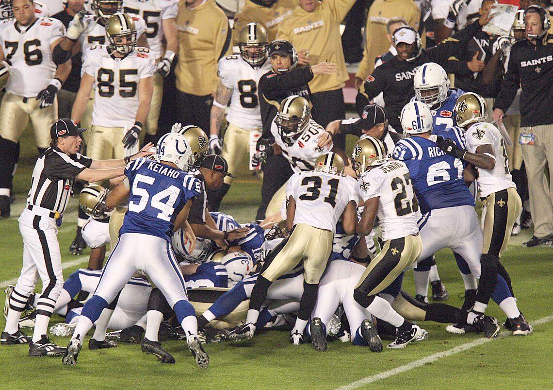 Players from the Colts and Saints battle for an onside kick at the start of the third quarter Super Bowl XLIV on Sunday February 7, 2010 at Sun Life Stadium in Miami, Florida.