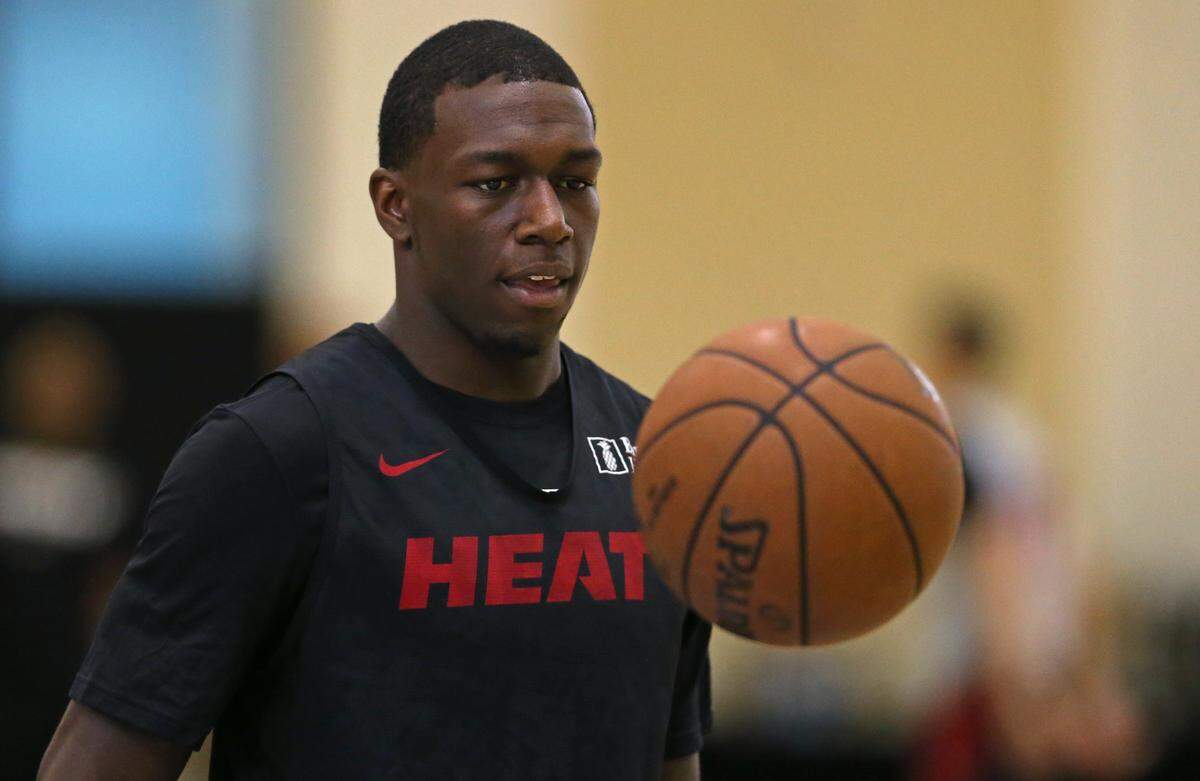 Heat guard Kendrick Nunn runs drills during practice on the second day of training camp in preparation for the 2019-20 NBA season at Keiser University on Oct. 2, 2019.