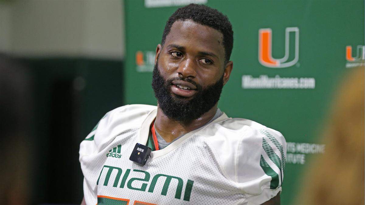 Miami Hurricanes defensive lineman Zach McCloud (53) speaks to reporters after practice at the University of Miamis Greentree Practice Field in Coral Gables on Saturday, August 7, 2021.