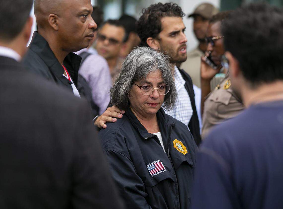 Miami-Dade County Mayor Daniella Levine Cava sheds a tear after consoling people waiting for updates at the family reunification center at 9301 Collins Ave. in Surfside, Florida on Thursday, June 24, 2021. A part of the Champlain Towers South Condo at 8777 Collins Ave. collapsed around 1:30 a.m Thursday.