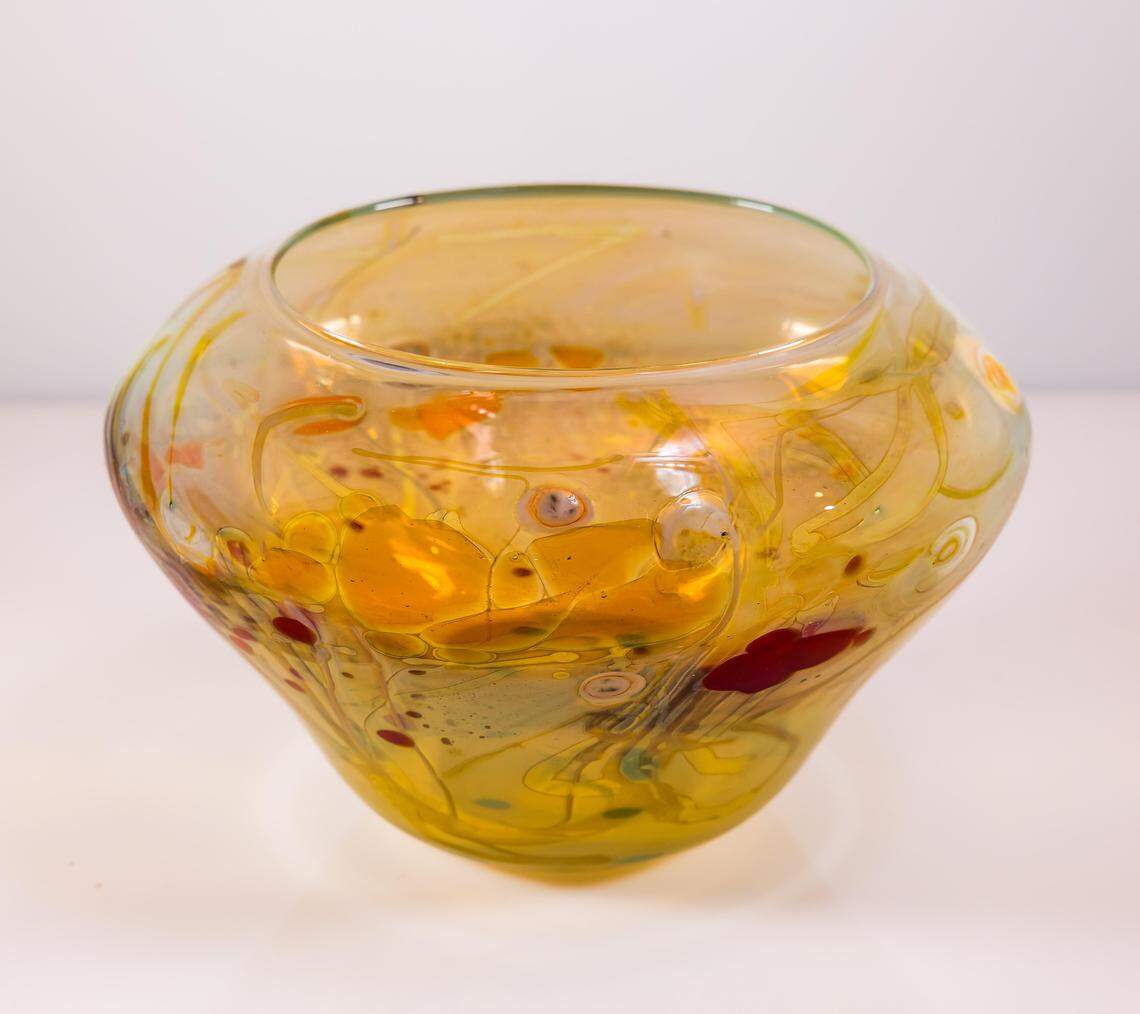 The first piece of studio glass Sheldon and Myrna Palley bought at an art show in Winter Park, Florida, in 1975. The bowl is by artist Robert Bartlett and is one of the pieces that will remain with the family at Myrna’s request, their daughter Lisa Palley said.