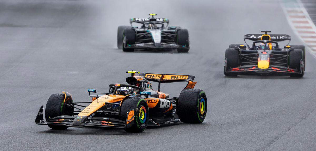 McLaren driver Lando Norris of Britain takes turn one during a Sprint race on the second day of the Formula One Miami Grand Prix at the Miami International Autodrome on Saturday, May 3, 2025, in Miami Gardens, Fla.